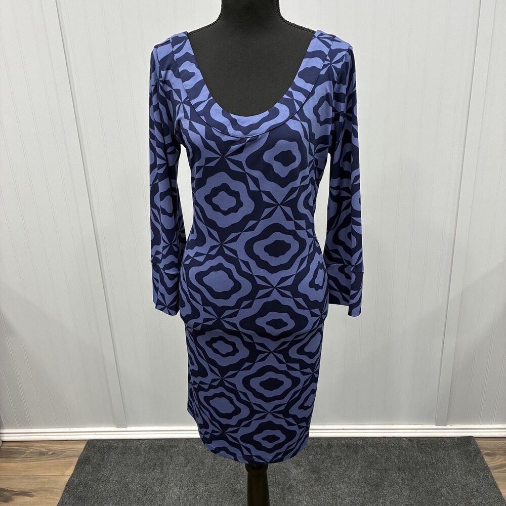 Tori Richard Honolulu Dress Women Large Blue Purple Geometric Print Long Sleeve